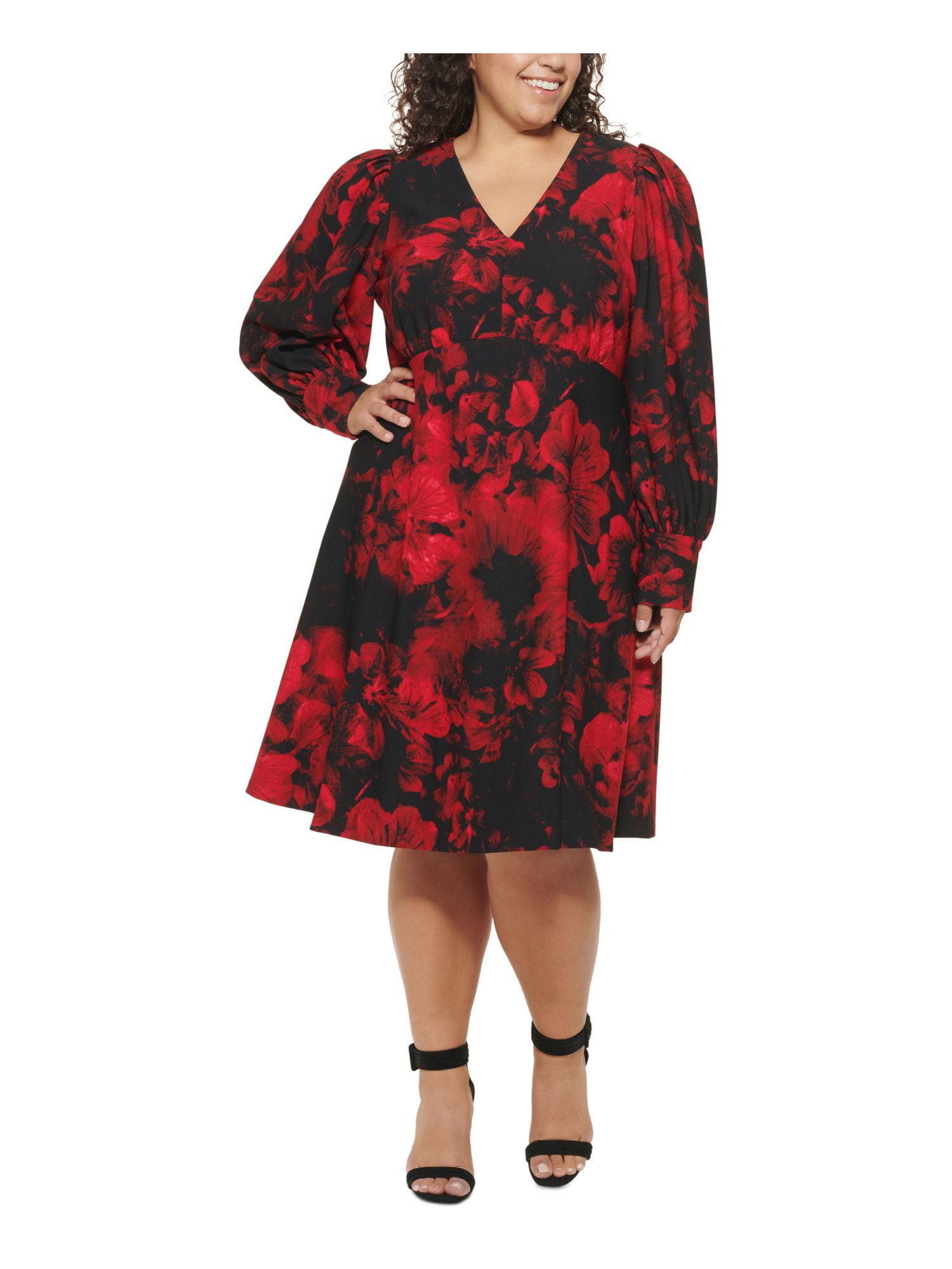 CALVIN KLEIN Womens Red Stretch Zippered Scuba Crepe Floral Long
