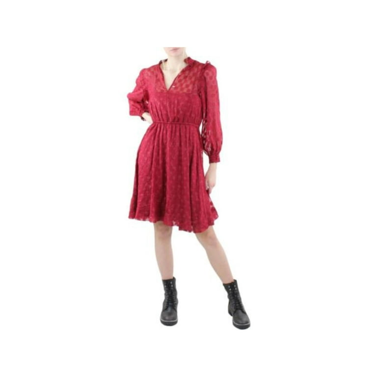 CALVIN KLEIN Womens Red Textured Ruffled Keyhole Sheer Tie Elastic Waist Floral Long Sleeve V Neck Above The Knee Fit Flare Dress 8