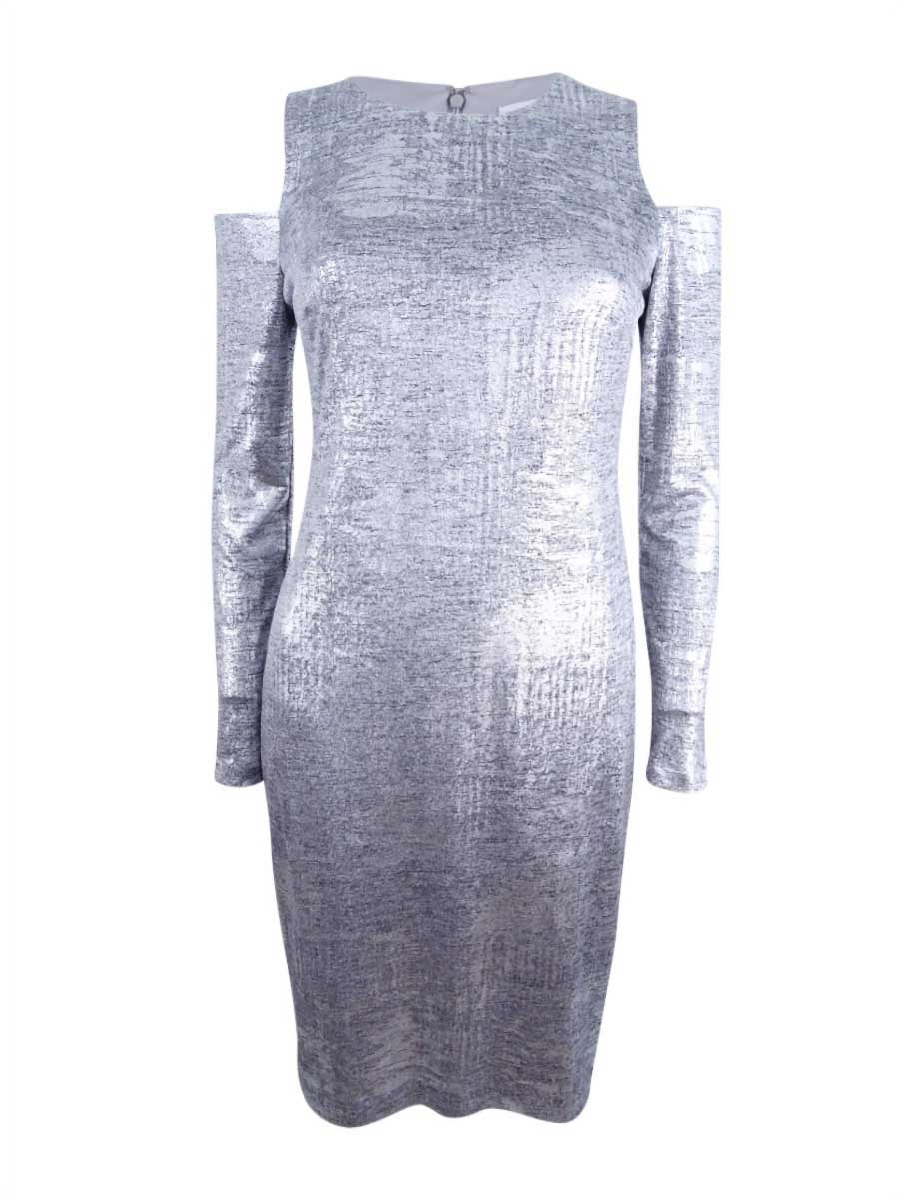 CALVIN KLEIN Womens Silver Cold Shoulder Velvet Long Sleeve Jewel Neck Knee Length Shift Cocktail Dress Plus Size: 18W