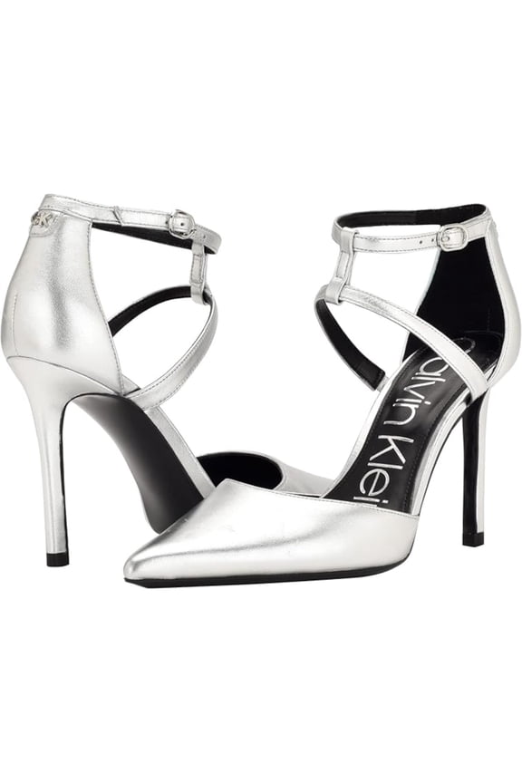 Womens Silver Strappy Goring Metallic Ankle Strap Padded Dentel Pointed Toe Stiletto Buckle Leather Dress Pumps Shoes 7 M