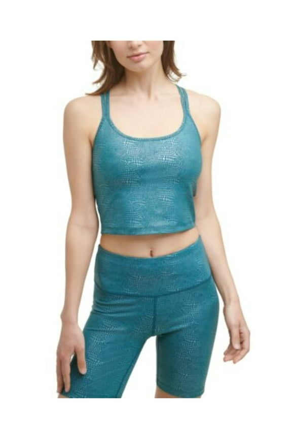 Womens Teal Moisture Wicking Fitted Crisscross Straps Animal Print Sleeveless Scoop Neck Active Wear Tank Top XS