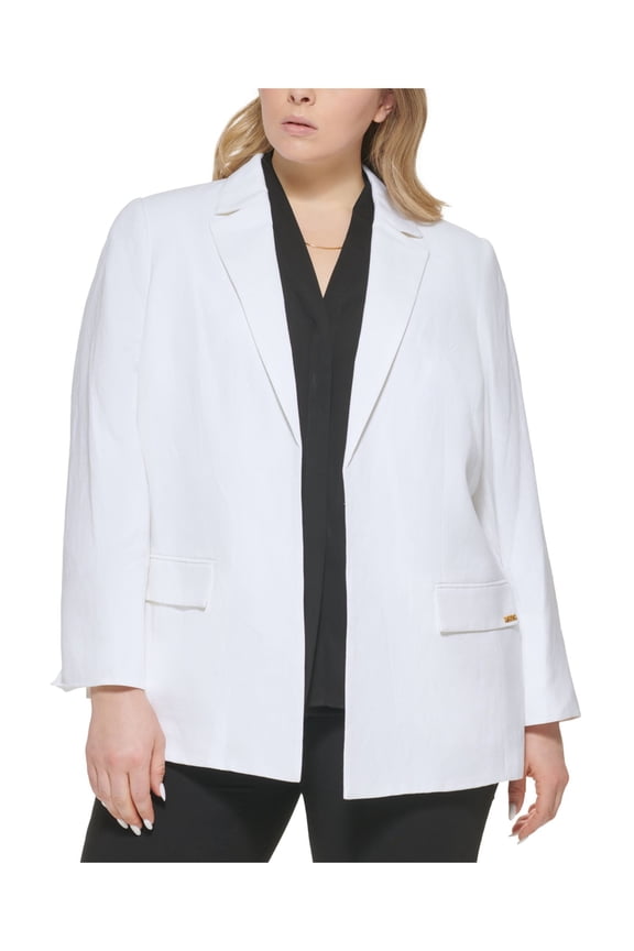 Womens White Pocketed Open Front Long Sleeve Rolled Cuffs Padded Wear To Work Blazer Jacket Plus 18W
