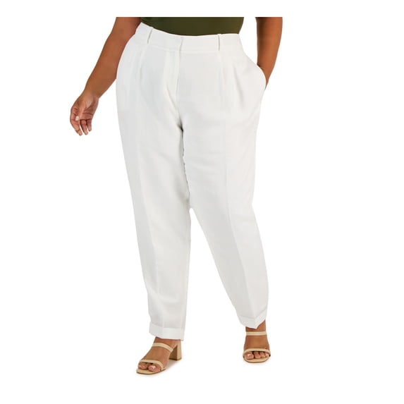 CALVIN KLEIN Womens White Pocketed Zippered Hook And Bar Closure Pleated Wear To Work Straight leg Pants Plus 14W