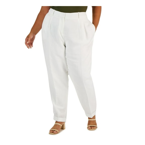 CALVIN KLEIN Womens White Pocketed Zippered Hook And Bar Closure Pleated Wear To Work Straight leg Pants Plus 16W