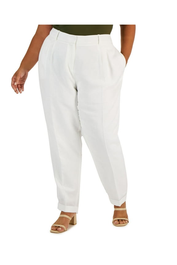 Womens White Pocketed Zippered Hook And Bar Closure Pleated Wear To Work Straight leg Pants Plus 18W