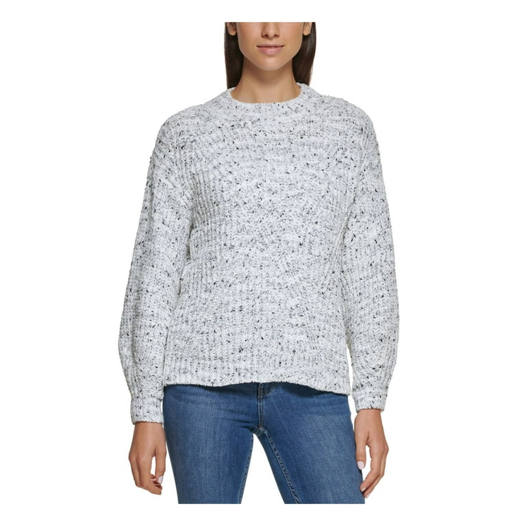 CALVIN KLEIN Womens White Ribbed Chenille Speckle Long Sleeve Mock Neck  Sweater L 