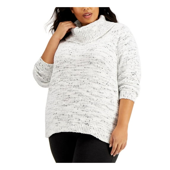 CALVIN KLEIN Womens White Speckle Long Sleeve Cowl Neck Evening Sweater Plus 2X