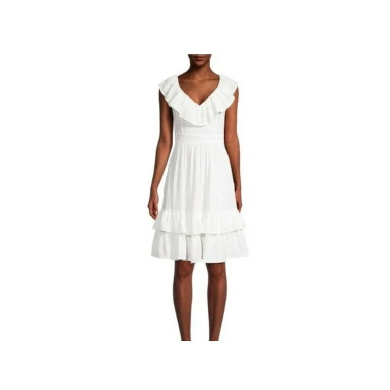 CALVIN KLEIN Womens White Zippered Ruffled V back Banded Waist Layered Flutter Sleeve V Neck Above The Knee Fit Flare Dress 14 Walmart