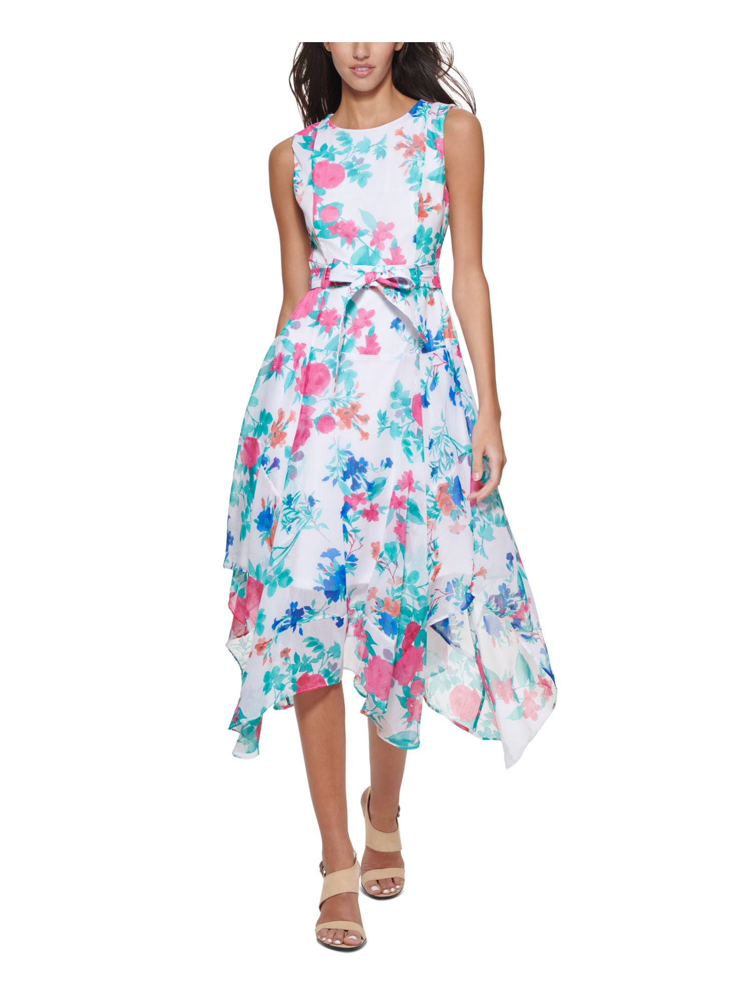 CALVIN KLEIN Womens White Zippered Sheer Handkerchief Hem Tie Lined Floral Sleeveless Round Neck Tea Length Fit Flare Dress 8 Walmart