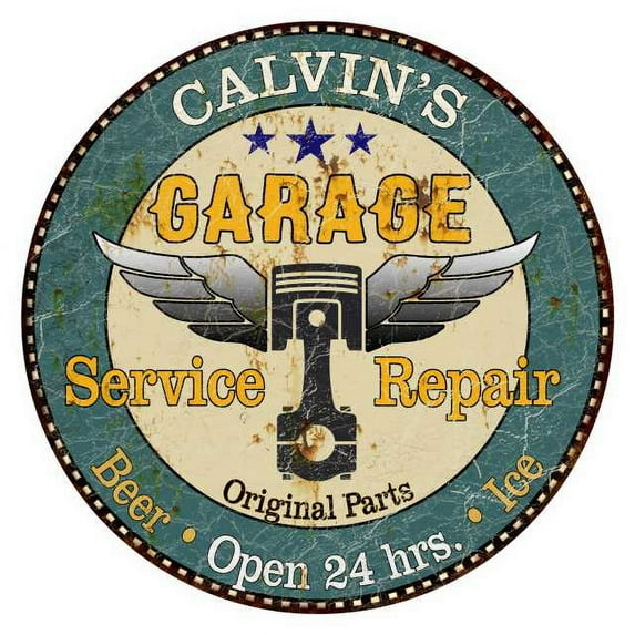 CALVIN'S Garage 14" Round Metal Sign Man Cave Home Wall Decor 100140027255