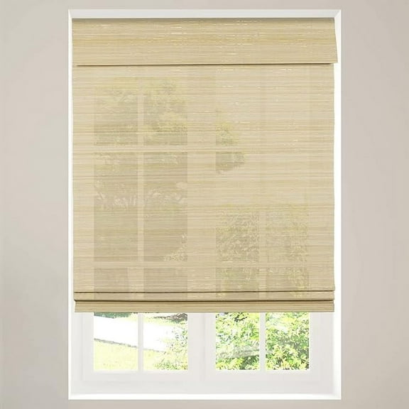CALYX INTERIORS Cordless Bamboo Roman Shade Blind, Light Filtering, 27.5"W x 64"H, Ceylon Natural, neutral and yellow wood tones. Limited privacy