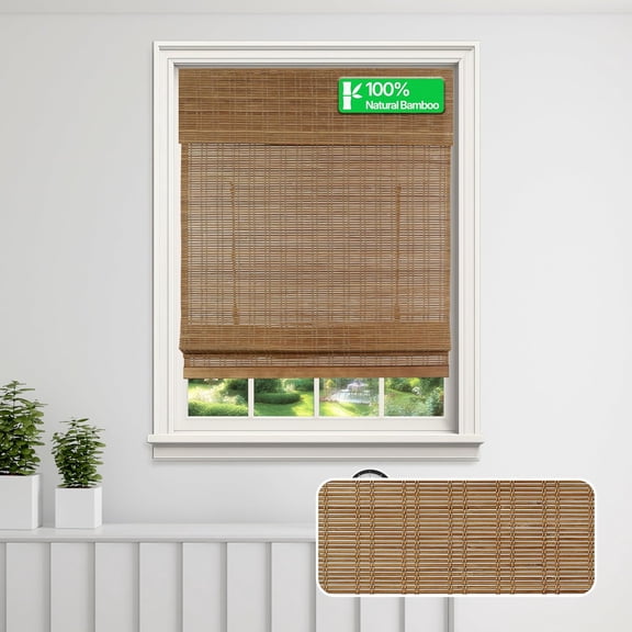 CALYX INTERIORS Cordless Bamboo Roman Shade Blind, Light Filtering, 29"W x 64"H, Ceylon Chestnut