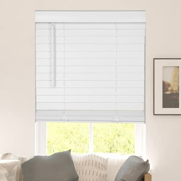 CALYX INTERIORS Faux Wood Blinds with Classic Valance, Cordless, 2" Slat, 32"W x 60"H, Blinds for indoor windows, Room darkening window blinds for home interior windows and doors, Pure White