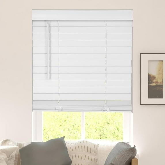 CALYX INTERIORS Faux Wood Blinds with Classic Valance, Cordless, 2" Slat, 33.5"W x 48"H, Room Darkening Shade for Windows and Doors, Pure White