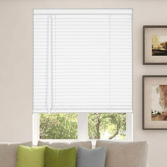 CALYX INTERIORS Room Darkening Vinyl Mini Blinds, Cordless, 1" Slat, 25.5" W x 60" H, White. Inside Mount in Windows 25.75" and Greater; Indoor Window Shades