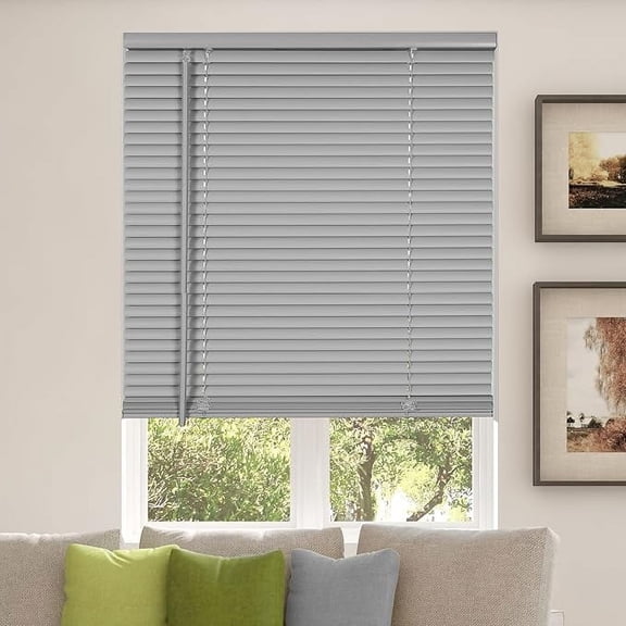 CALYX INTERIORS Room Darkening Vinyl Mini Blinds, Cordless, 1" Slat, 33.5" W x 60" H, Light Gray