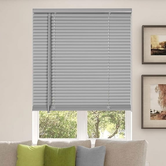 CALYX INTERIORS Room Darkening Vinyl Mini Blinds, Cordless, 1" Slat, 34.5" W x 60" H, Light Gray