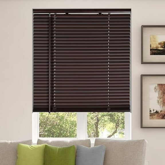 CALYX INTERIORS Room Darkening Vinyl Mini Blinds, Cordless, 1" Slat, 34.5" W x 60" H, Mahogany
