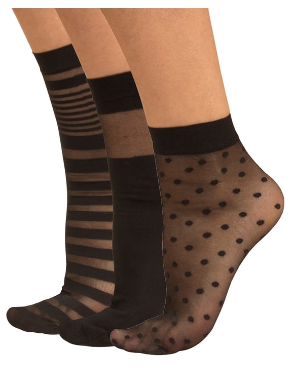 20 Den 3 Pairs Woman Pop Socks, Sheer Ankle Socks, Silk, Black, Italian Hosiery