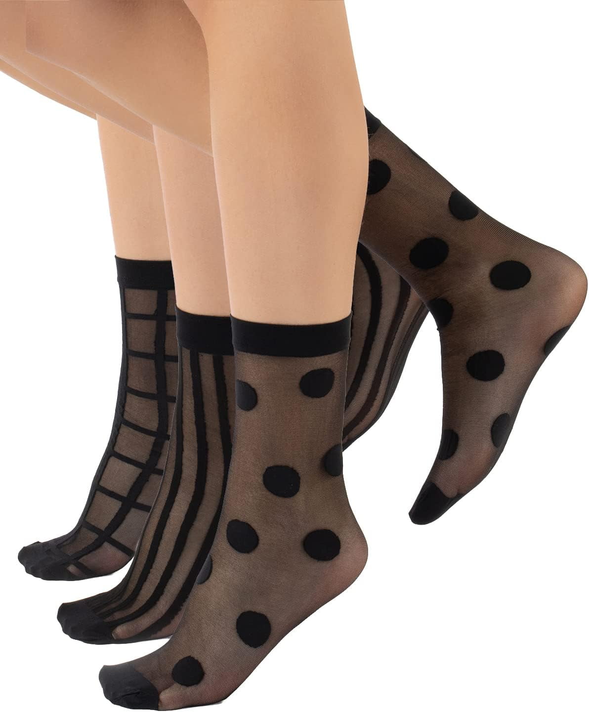 2 Pairs Sheer Socks Women White Black Polka Dots Mesh - Inspire Uplift