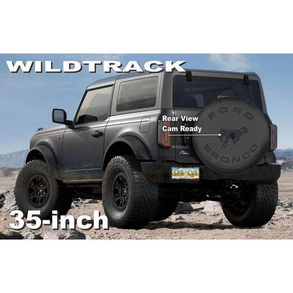 CAM friendly - 35-in - Ford BRONCO - US Made SpareCover® - Brawny Series - Black on Black - Heavy Vinyl Denim Texture - High Endurance Tire Cover
