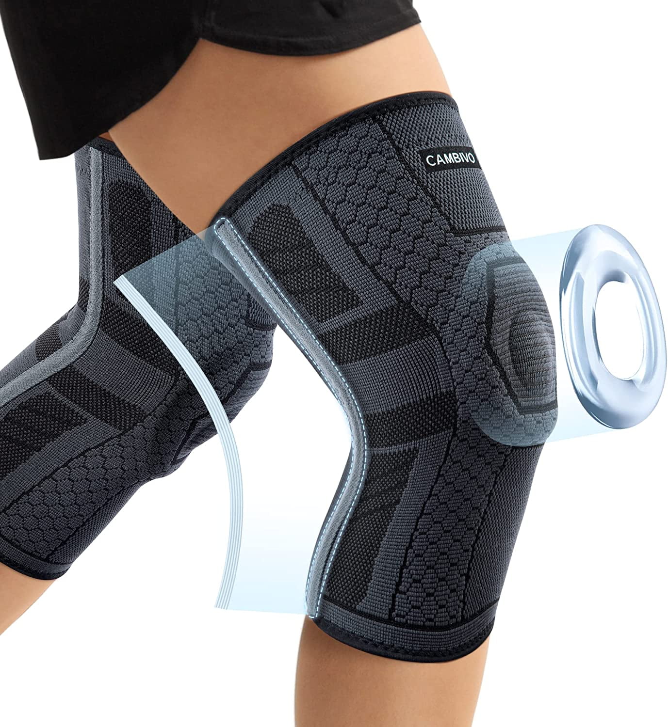 CAMBIVO 2 Pack Knee Braces, Knee Compression Sleeve with Side Stabilizers and Patella Knee Pads, Knee Support for Meniscus Tear, Arthritis, ACL, Joint Pain Relief, Running, L