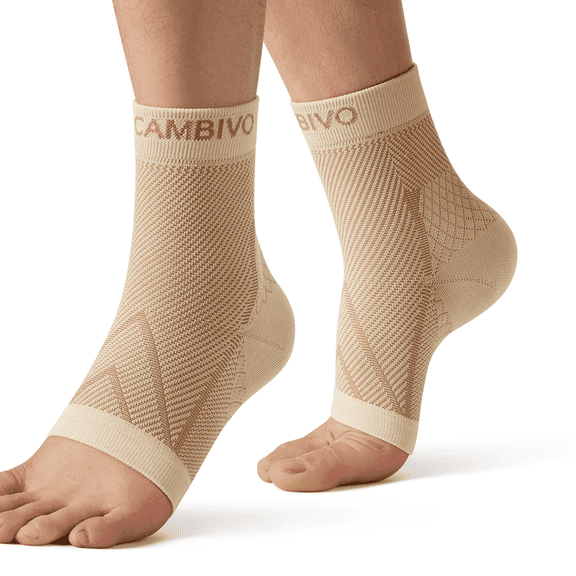 CAMBIVO Ankle Compression Socks for Women and Men, 2 Pack Ankle Support Brace for Plantar Fasciitis, Elastic Bandage Ankle Wrap, Beige L