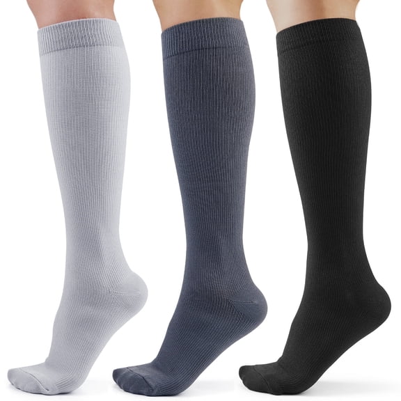 CAMBIVO Compression Socks for Women and Men, 3 Pairs Knee High Socks 10-15mmHg Mens Stockings for Running, Circulation, Nurses, and Travel, Black/Gray