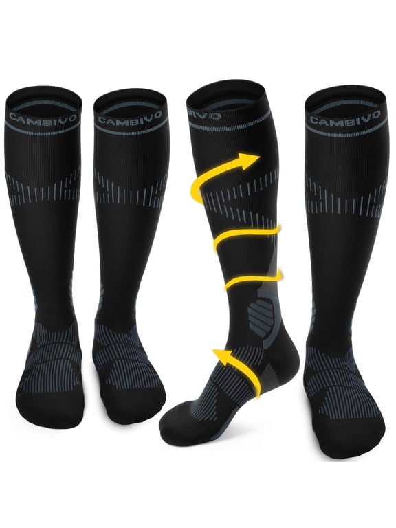 Compression Socks for Men and Women, 2 Pairs Knee-High Support Stockings 15-20 mmHg for Nurses, Running, Travel