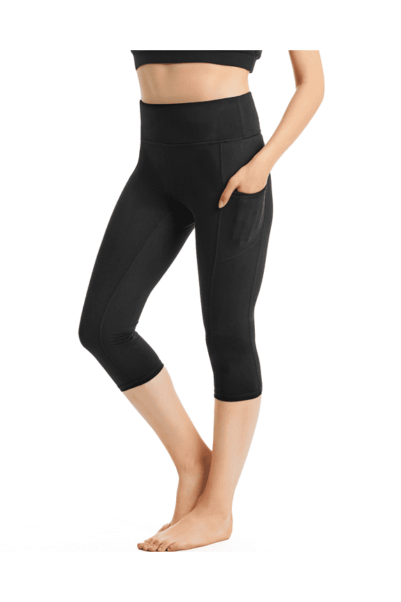 Womens Capri Leggings, Tummy Control Cropped Yoga Pants for Workout with Three Pockets Mid-Rise, Size 2XL