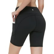 CAMBIVO Womens High Waist Yoga Shorts for Bike Running With 3 Pockets,Black L