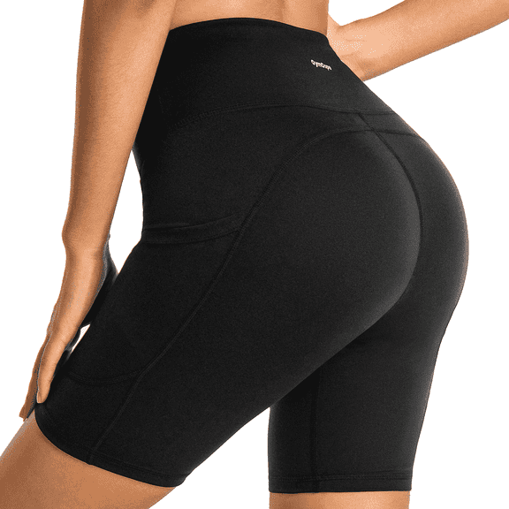 CAMBIVO Womens High Waist Yoga Shorts for Bike Running With 3 Pockets,Black M