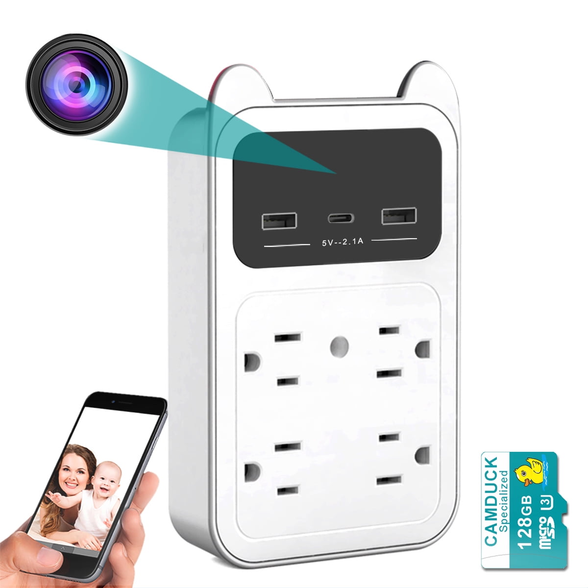 CAMDUCK 4MP Wireless Outlet Video Camera Home Security Device 120 Wide-Angle Lens, Motion Detection, Built in 128GB SD Card