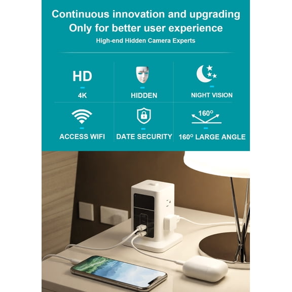CAMDUCK HD Security Camera 4K HD 160Wide Angle Hidden Cameras Wireless Outlet Charger Spy Camera For Home Monitor