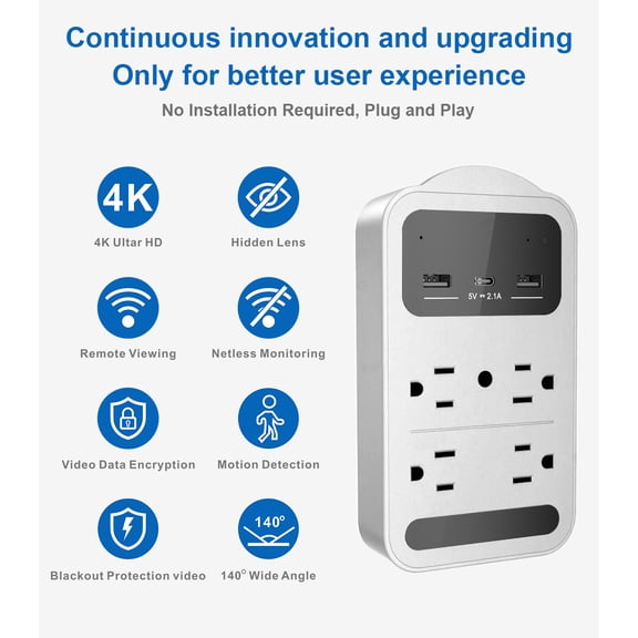 CAMDUCK Smart Indoor Security Camera 4K, Discreet Outlet Style, WiFi Remote Viewing, Motion Alerts, Night Vision Support