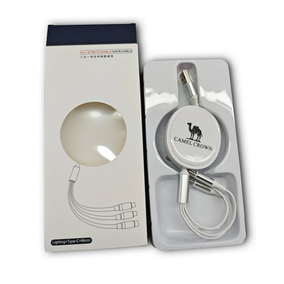CAMEL CROWN 3 in 1 Fast Charging Cable Retractable Charger Cord USB Type C Data Cable, White