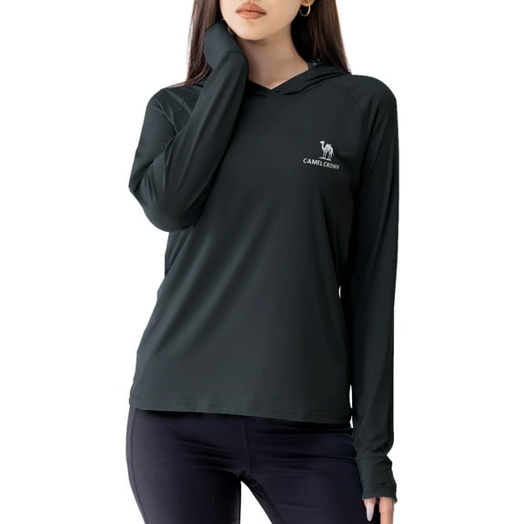 CAMEL Women's Sun Protection Clothing UPF 50  Lightweight Womens Activewear Long Sleeve Rash Guard Shirts Breathable Sunscreen Hoodie Workout Tops Outdoor Hiking Black