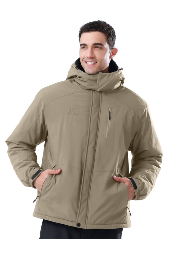 Mens Ski Jacket Fleece Trekking Winter Coat Snow Jacket Hooded Windbreaker Hiking Snowboarding Jackets Khaki M