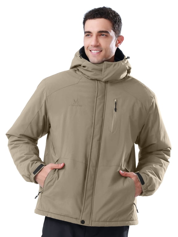 Mens Ski Jacket Fleece Trekking Winter Coat Snow Jacket Hooded Windbreaker Hiking Snowboarding Jackets Khaki M