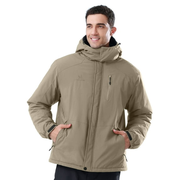 CAMEL Mens Ski Jacket Fleece Trekking Winter Coat Snow Jacket Hooded Windbreaker Hiking Snowboarding Jackets Khaki XXXL