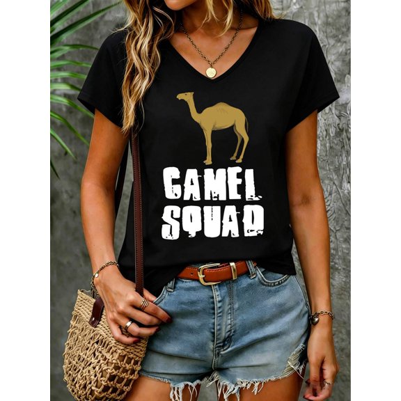 CAMEL Squad V Neck T-Shirt Cool Animal V Neck T-Shirt Cotton Women's V Neck Graphic Tee, Casual Short Sleeve Shirt,Vacation Outfit