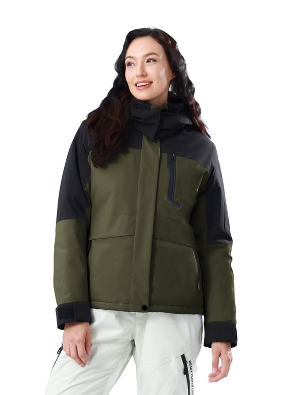 Women's Athletic Jackets Waterproof Ski Jakcet Fleece Warm Hooded Windproof Winter Snow Outerwear Coats Black+Green