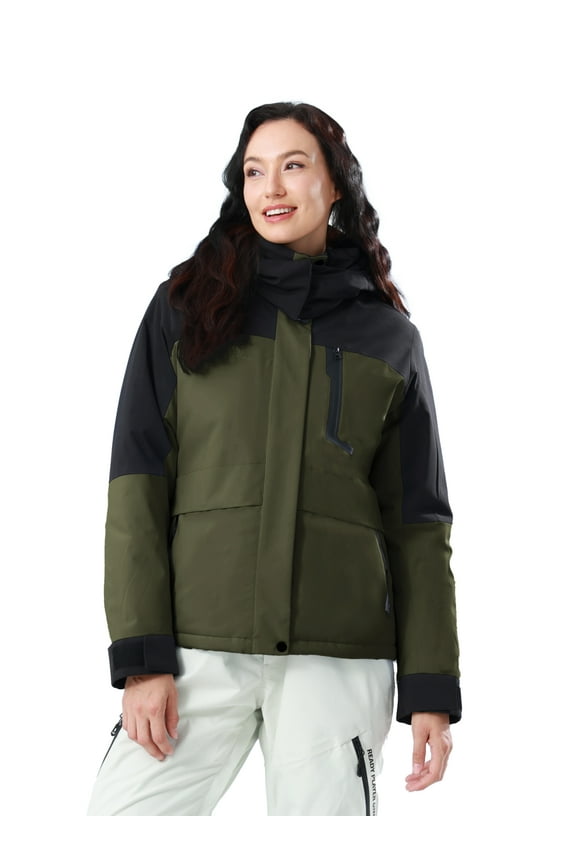 Women's Athletic Jackets Waterproof Ski Jakcet Fleece Warm Hooded Windproof Winter Snow Outerwear Coats Black+Green