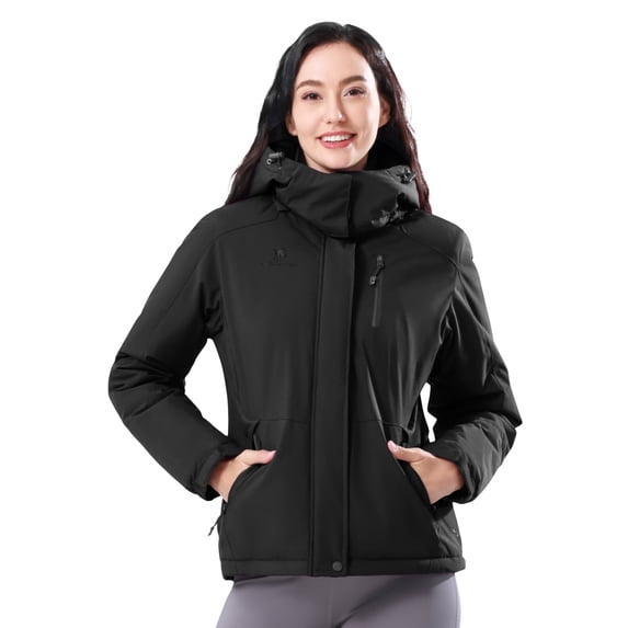 CAMEL Women's Ski Jackets Waterproof Fleece Jakcet Warm Hooded Windproof Winter Snow Outerwear Coats Black