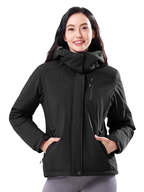 Women's Ski Jackets Waterproof Fleece Jakcet Warm Hooded Windproof Winter Snow Outerwear Coats Black