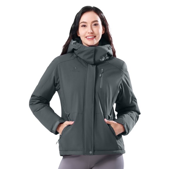 CAMEL Women's Ski Jackets Waterproof Fleece Jakcet Warm Hooded Windproof Winter Snow Outerwear Coats Grey