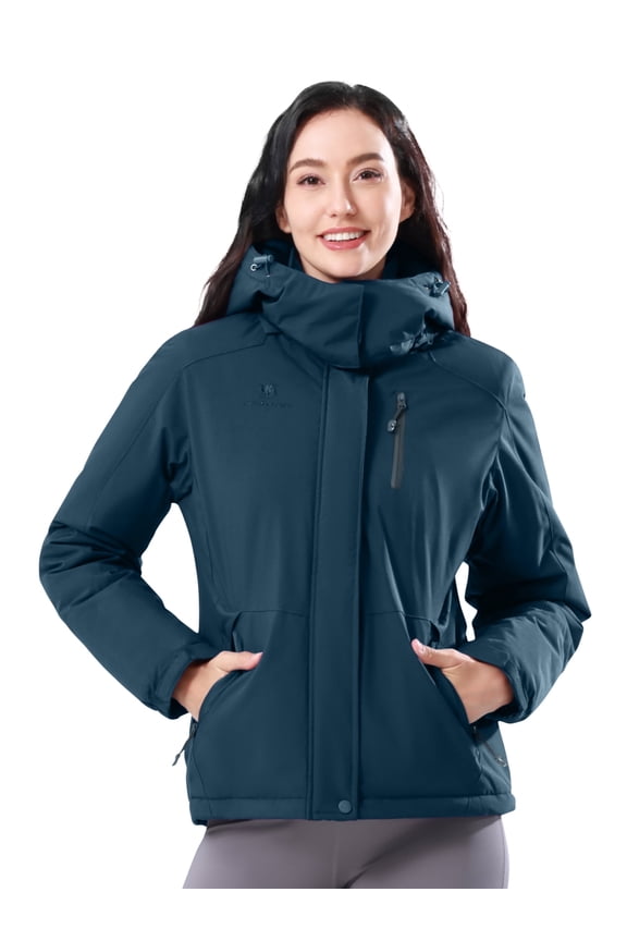 Women's Ski Jackets Waterproof Fleece Jakcet Warm Hooded Winter Coat Windproof Outerwear Navy Blue