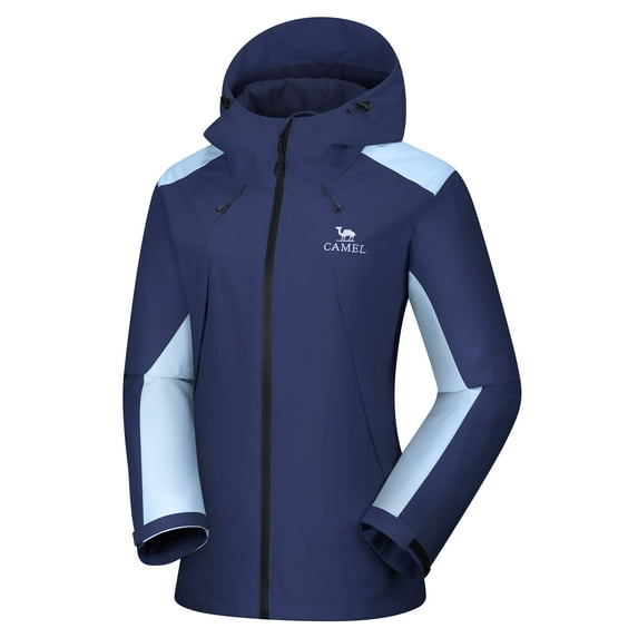 CAMEL Women's Jackets Lightweight Block Color Raincoat Hooded Windbreaker Casual Coats Light Deep Blue