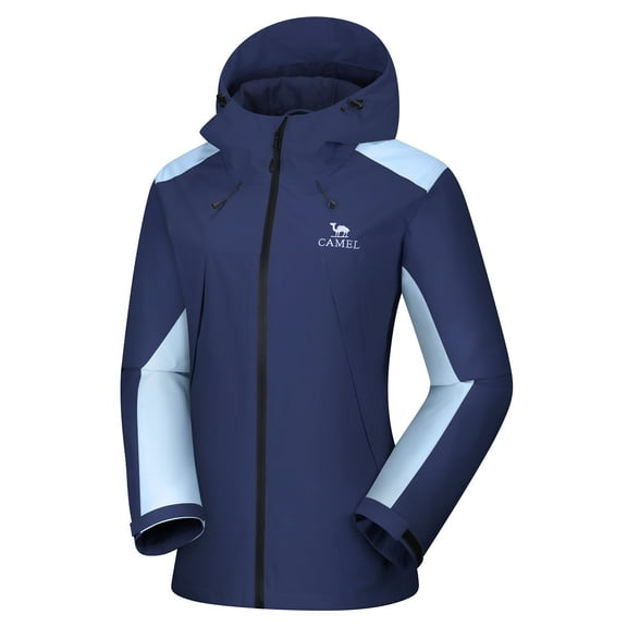CAMEL Women's Jackets Lightweight Block Color Raincoat Hooded Windbreaker Casual Coats Light Deep Blue