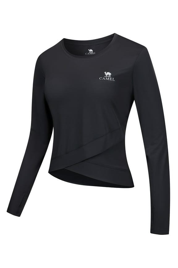 Women's Long Sleeve Workout Tops Athletic Compression T-Shirts Cross Hem Gym Yoga Shirt Thumb Hole Black L